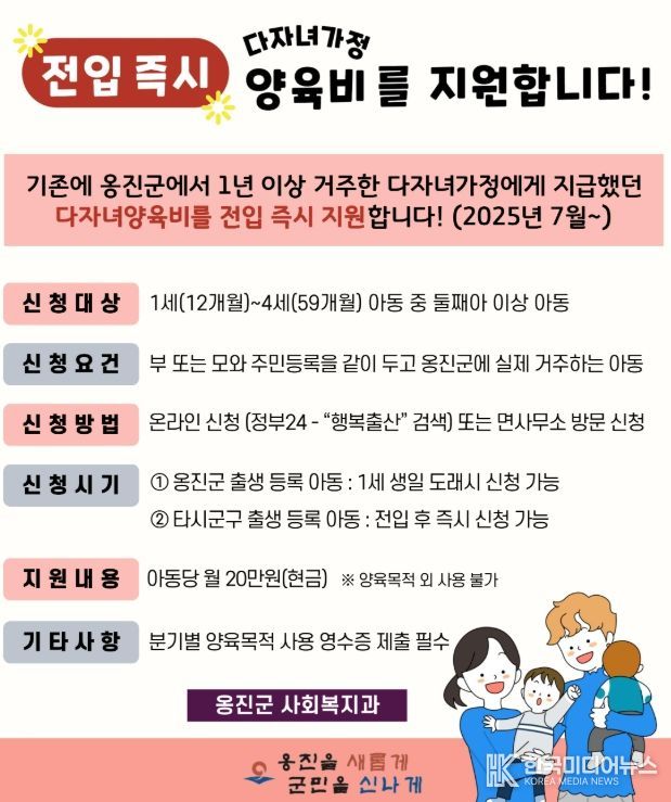 7월부터 다자녀가정 전입 즉시 양육비 지급!