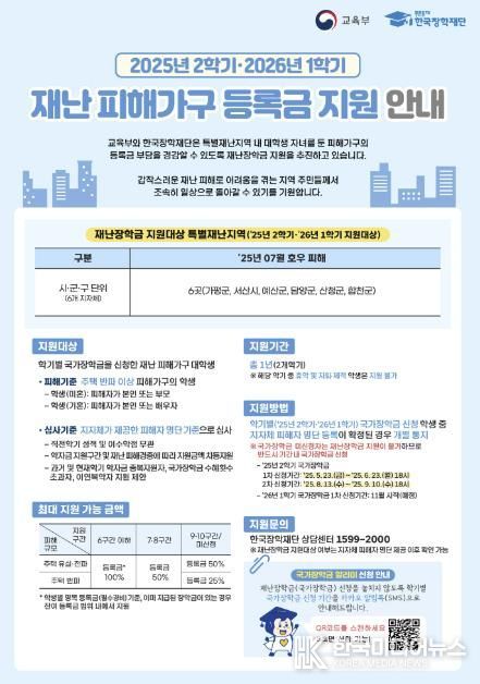 가평군, 7월 집중호우 재난학생에 등록금 전액 지원