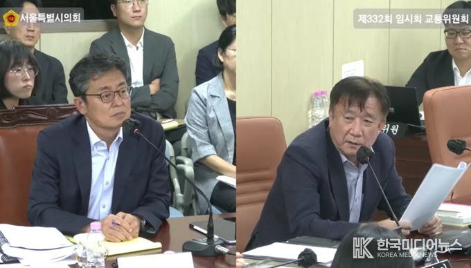 경기문 의원(국민의힘·강서6)이 21일 교통위원회 회의실에서 여장권 교통실장에게 서울시 교통정책현안에 대해 질의하고 있다.