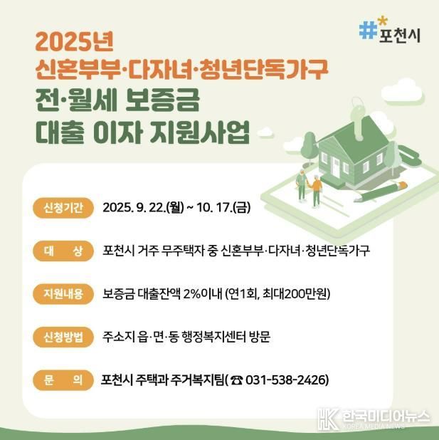 포천시, 신혼부부·다자녀·청년 1인 가구 전·월세 보증금 대출이자 지원사업 접수