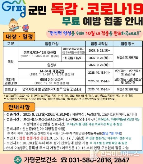 가평군, “독감‧코로나19 무료 예방접종 받으세요”