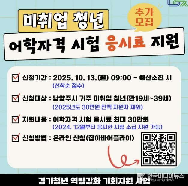 남양주시, 미취업 청년 대상 어학·자격 시험 응시료 지원 추가모집