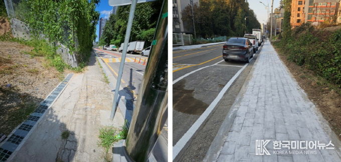 용인특례시 모현읍이 외대로 25번길 보행환경을 개선했다. 사진은 개선전(왼쪽)과 개선후(오른쪽) 모습