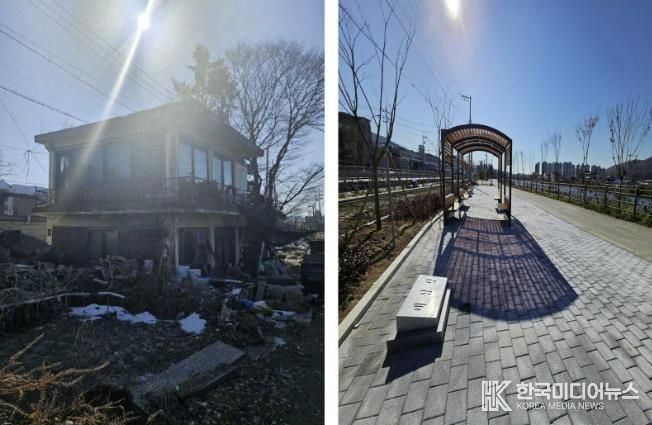 노후한 시설(사진 왼쪽)을 철거하고 새롭게 시민을 위한 수변공간(사진 오른쪽)으로 재탄생한 세심정 주변의 모습.
