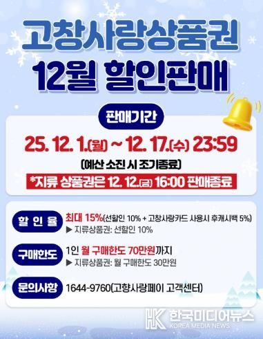 고창군, 12월 고창사랑상품권 최대 15% 할인판매... 12월 17일까지 진행