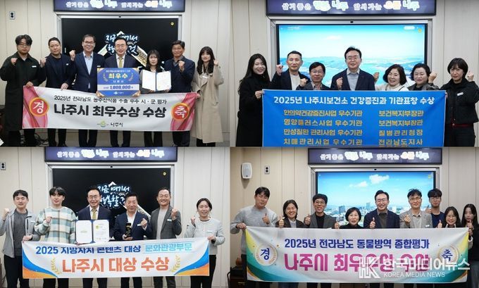 나주시가 2025년 한 해 동안 각종 평가에서 46개의 표창을 받으며 ‘현장·실행 중심의 혁신 행정’의 성과를 입증했다. 왼쪽 상단부터 시계방향으로 ‘2025 전라남도 농수산식품 수출 우수 시군 평가’ 3년 연속 최우수상, ‘2025 보건복지 분야 평가’ 4관왕, ‘2025 전라남도 동물방역 종합평가 3년 연속 최우수상. ‘2025 AI지자체성장포럼 및 지방자치콘텐츠대상’ 문화관광부문 대상 수상.