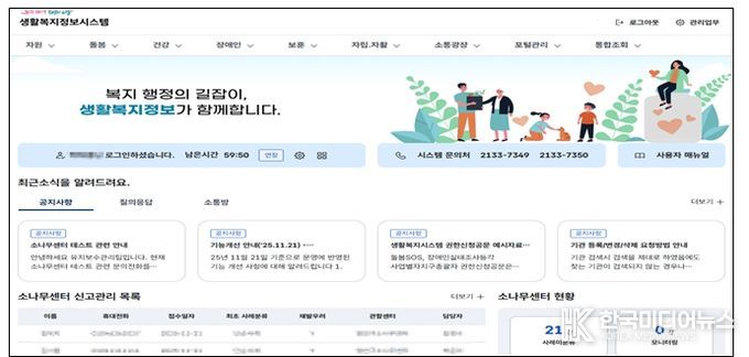 생활복지정보시스템내 메인화면