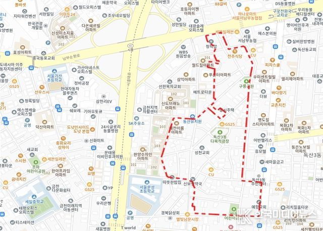 2025년 제6차 주택재개발 후보지 선정구역 - 금천구 독산동 979 일대 위치도(대상지 구역계는 선정위원회 조건이행 및 신속통합기획 등 계획수립 과정에서 변경될 수 있음)