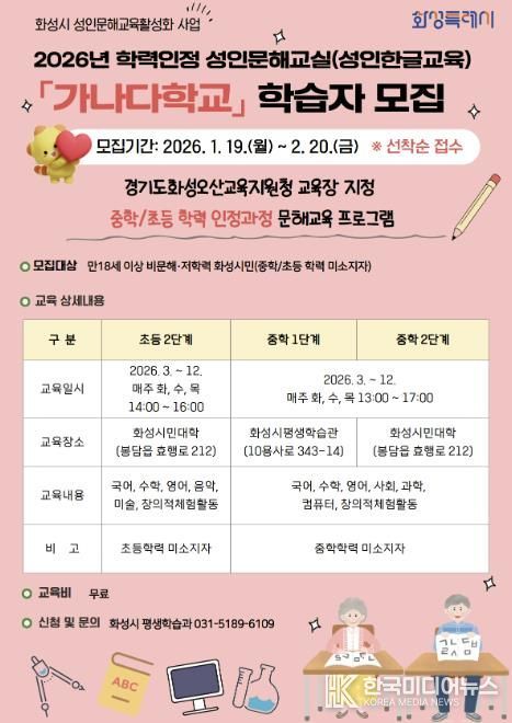 2026년 화성시 학력인정 성인문해교실 가나다학교 홍보물