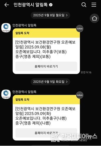 인천시 오존 예보 알림서비스(예시)